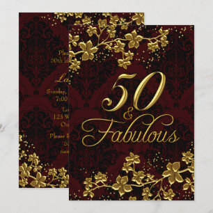 Convites Ouro Floral Vermelho Escuro 50 Aniversário Fabulos