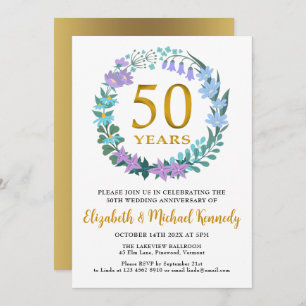 Convites ouro Floral Wreath, 50 anos