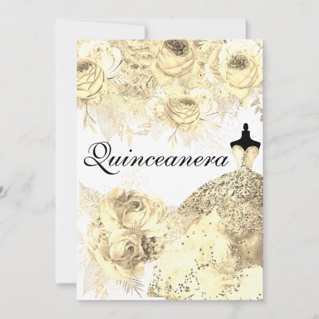 Convites Ouro Flores Elegante Festa de Vestido Quinceanera (Frente)