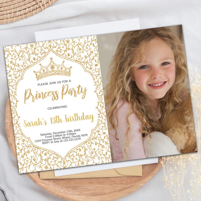 Convites Ouro Fotográfico Brilhante Princesa Branca Anivers (Photo Golden Glitter White Princess Birthday Invitation)