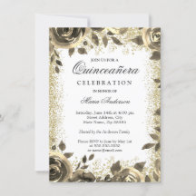 Ouro Glitter Floral Moderna Quinceanera
