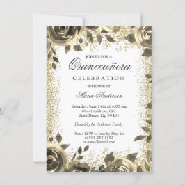 Convites Ouro Glitter Floral Moderna Quinceanera