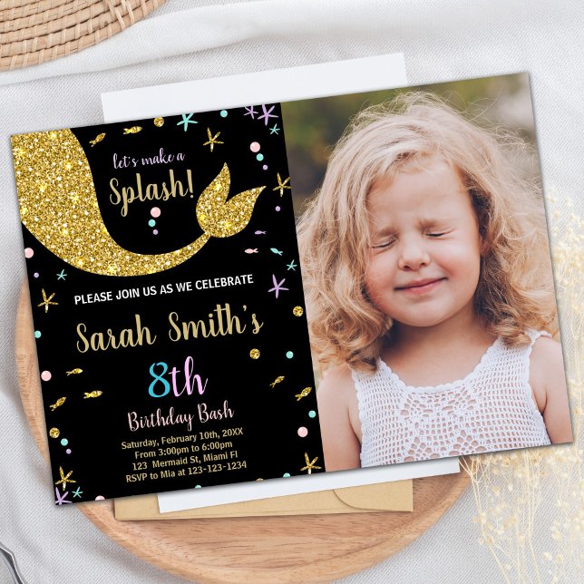 Convites Ouro Glitter Smermaid Tail Aniversário com foto (Golden Glitter Mermaid Tail Birthday with photo Invitation)