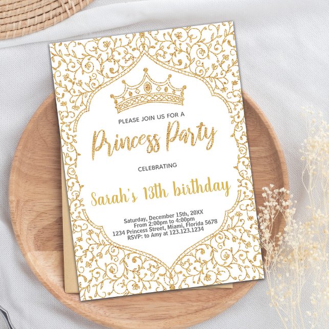Convites Ouro Glitter White Princess Birday (Golden Glitter White Princess Birthday Invitation)