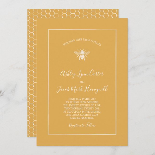 Convites Ouro Honeycomb Pattern Wedding (Frente/Verso)