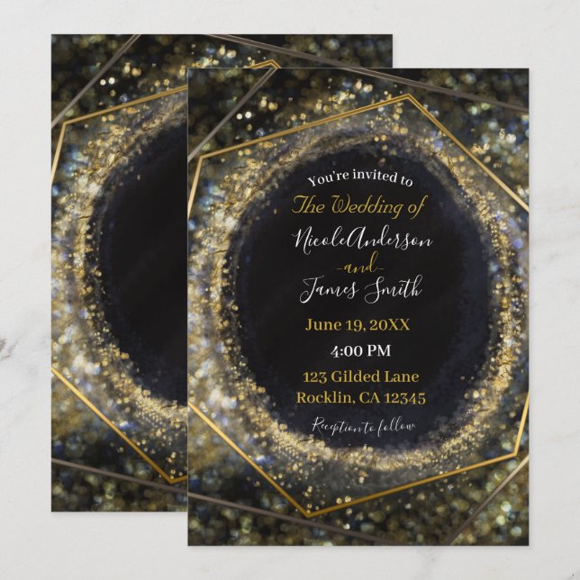 Convites Ouro Iridescente Glam Moderno Abstrato Casamento G (Frente/Verso)