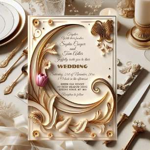 Convites Ouro Ivory Barroco Crescente Assimétrico Casamento