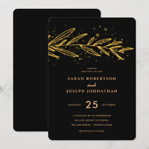 Convites Ouro Leaf Branch Esmaga Casamento Negro Elegante
