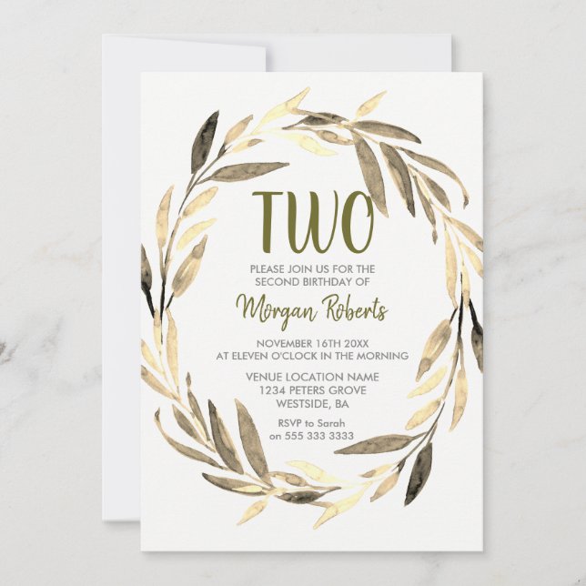 Convites Ouro Leaf Wreath segundo aniversário Boy ou Girl I (Frente)