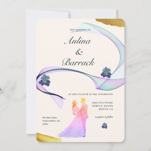 Convites Ouro Leve Clássico Casal Roxo Figura Casamento (Frente)