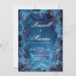 Convites Ouro Líquido Celestial Fumaça Azul Casamento de In