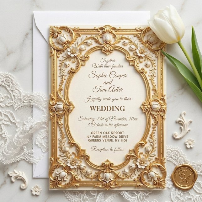Convites Ouro Macio Barroco Opulência Arte Tulipas Brancas  (Soft Gold Baroque Opulence Art White Tulips Ornate Invitation)