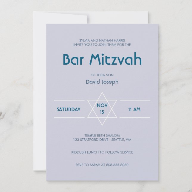 Convites Ouro Magen azul claro David Bar Mitzvah (Frente)