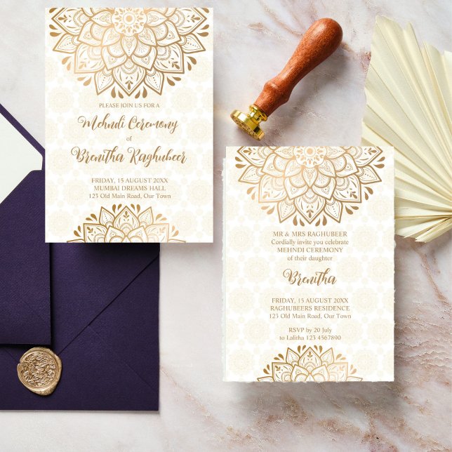 Convites Ouro mandala Mehndi (Golden mandala Mehndi Indian Wedding Invitation editable template instant digital download)