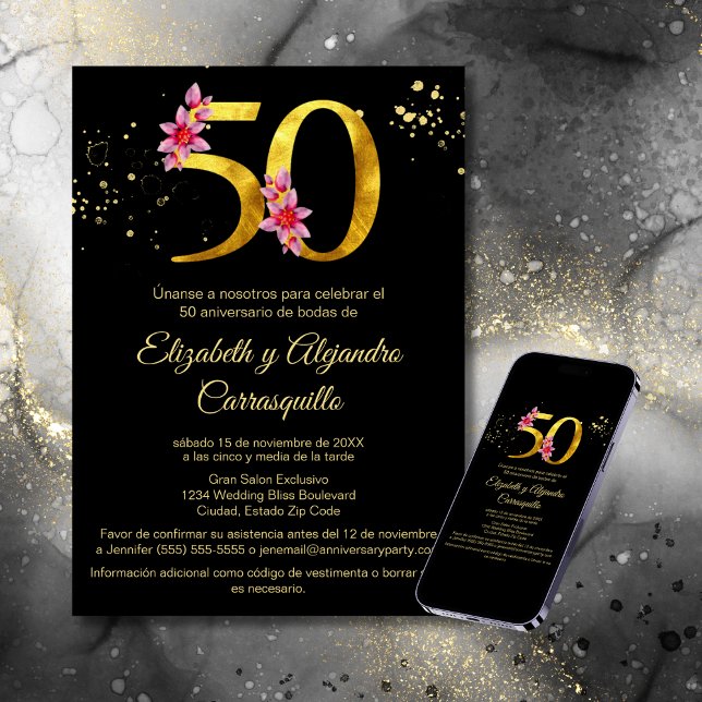 Convites Ouro Negro Espanhol Floral Rosa 50º Aniversário (Criador carregado)