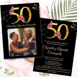 Convites Ouro Negro Espanhol Foto Floral 50º Aniversário