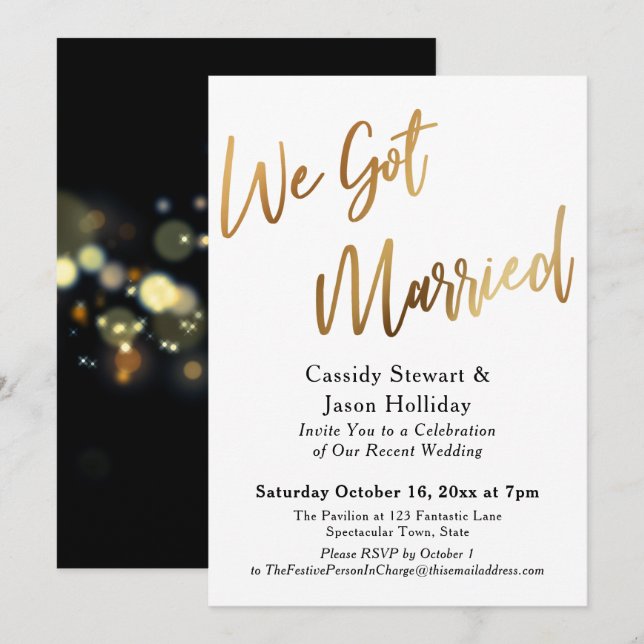 Convites Ouro Nós Casamos Bokeh Fundo Preto Recepção (Frente/Verso)