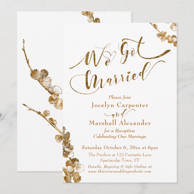 Convites Ouro Nós Casamos com Botânicos em Branco (Frente/Verso)