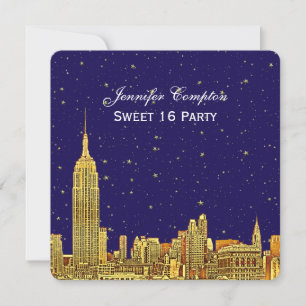 Convites Ouro NYC Silhueta Etch Céu Estrelado Azul SQ Doze
