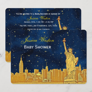 Convites Ouro NYC Skyline #2 Estrela Azul H Chá de Bebê