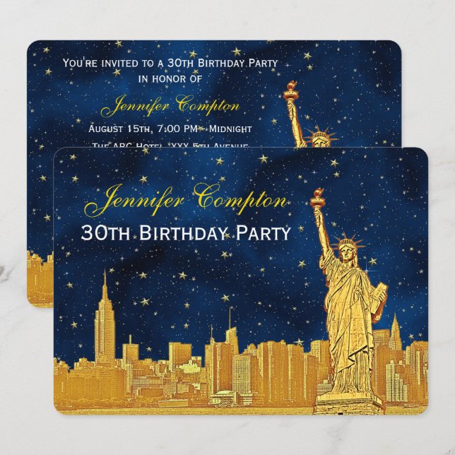 Convites Ouro NYC Skyline #2 Etch Azul Estrela BG H Anivers (Frente/Verso)