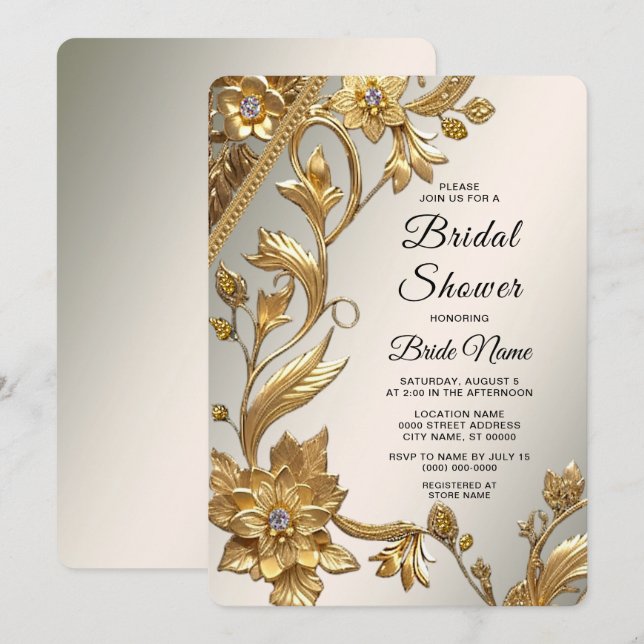 Convites Ouro Onda Deixa Chá de panela Floral (Frente/Verso)