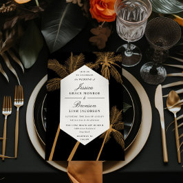 Convites ouro-palmeiras sofisticadas casamento tropical