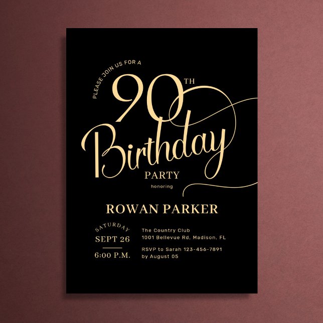 Convites Ouro Preto Aniversário de 90 anos Elegante Script (Criador carregado)