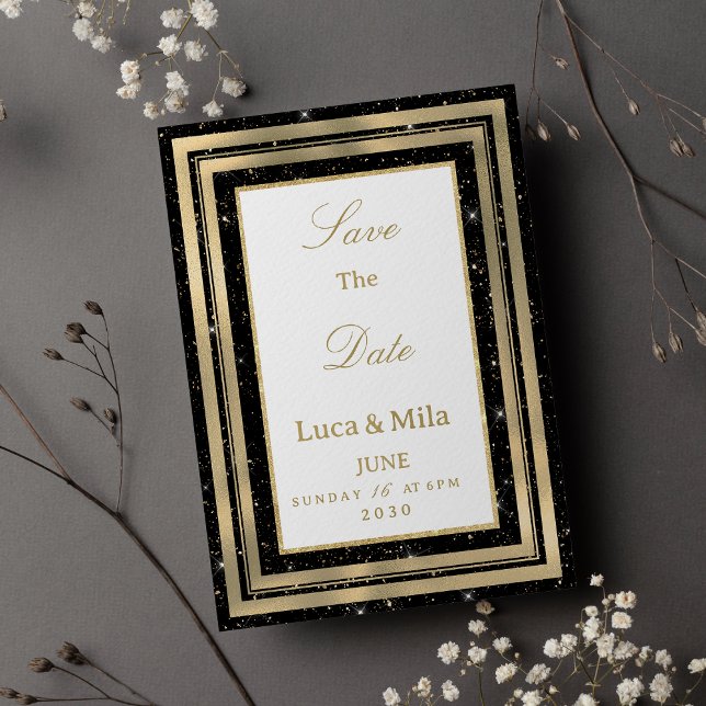 Convites Ouro preto brilhante confete glitter Save the Date (Black gold sparkly glitter confetti Save the Date)