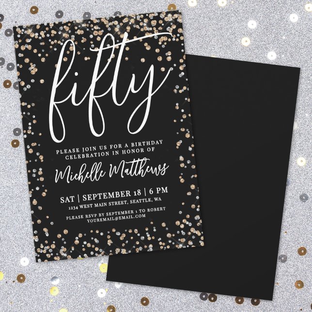 Convites Ouro Preto Brilho 50º Aniversário (Black Gold Glitter 50th Birthday Invitation)