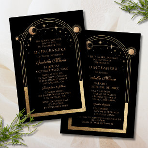 Convites Ouro Preto Celestial Quinceañera Bilíngue