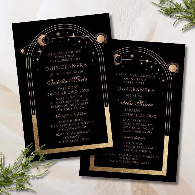Convites Ouro Preto Celestial Quinceañera Bilíngue (Criador carregado)