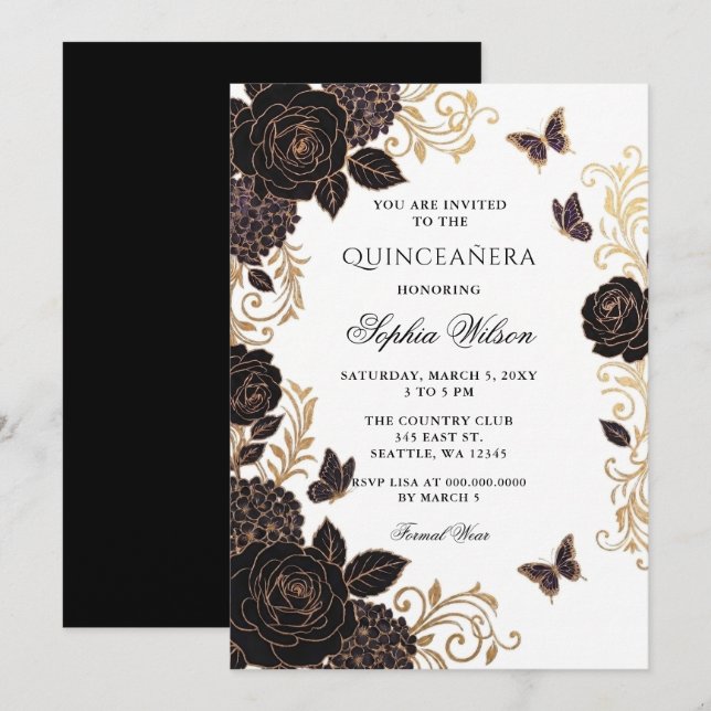 Convites Ouro Preto Floral Borboleta Quinceañera (Frente/Verso)