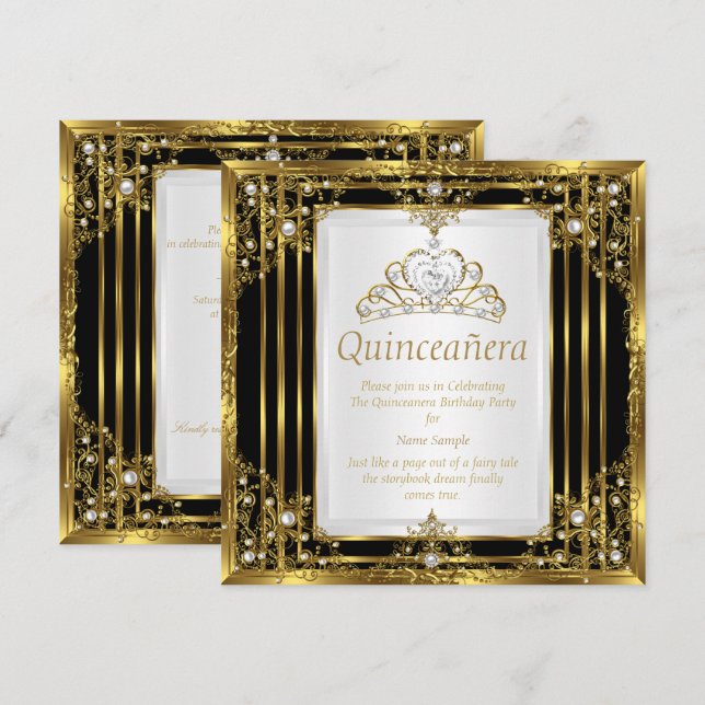 Convites Ouro Preto Pérola Branca Princesa Quinceanera (Frente/Verso)