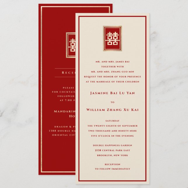 Convites Ouro Retângulo Felicidade Dupla Casamento Chinês (Frente/Verso)