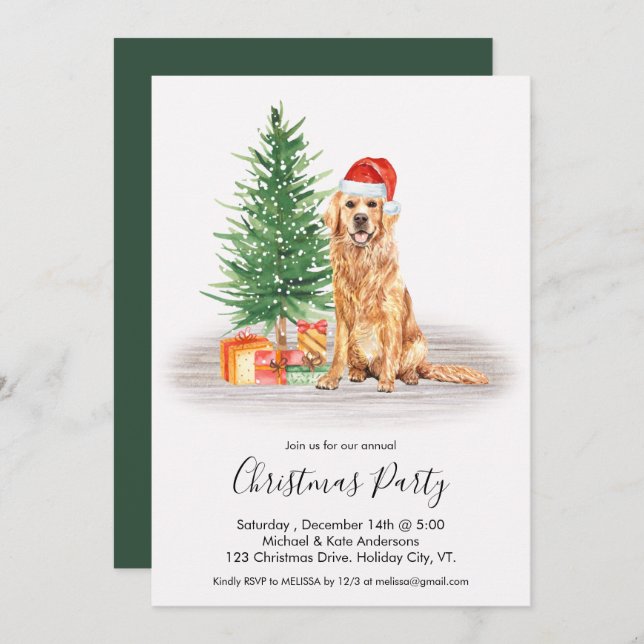 Convites Ouro Retriever Cachorro Gelado Festa de Natal (Frente/Verso)