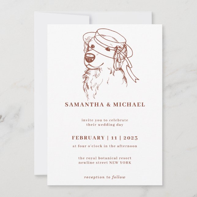 Convites Ouro Retriever com chapéu de noiva (Frente)