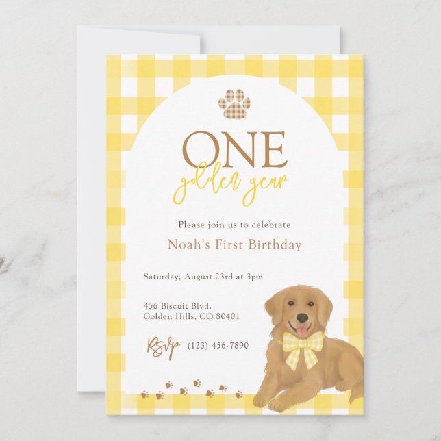 Convites Ouro Retriever Yellow Gingham Primeiro Aniversário (Frente)