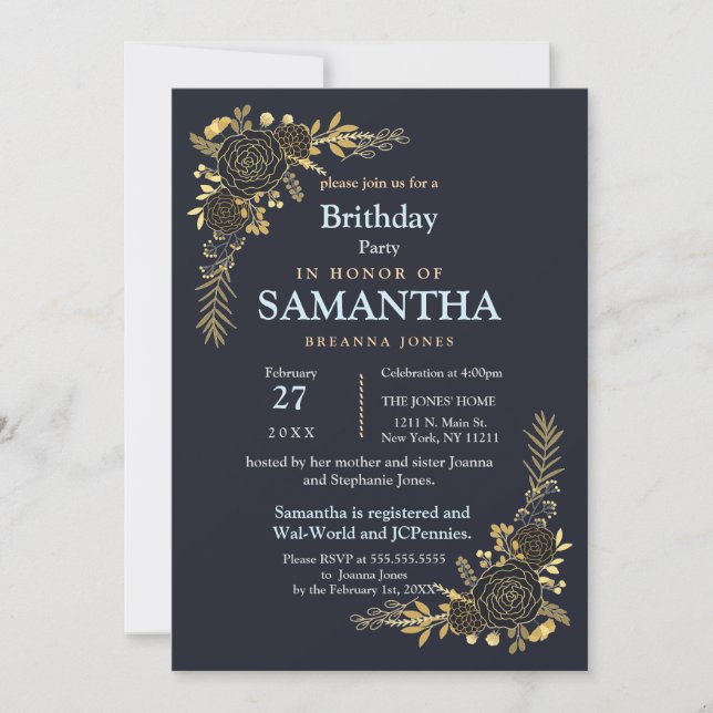 Convites Ouro Românico Marinho Floral  Azul planejador aniv (Frente)