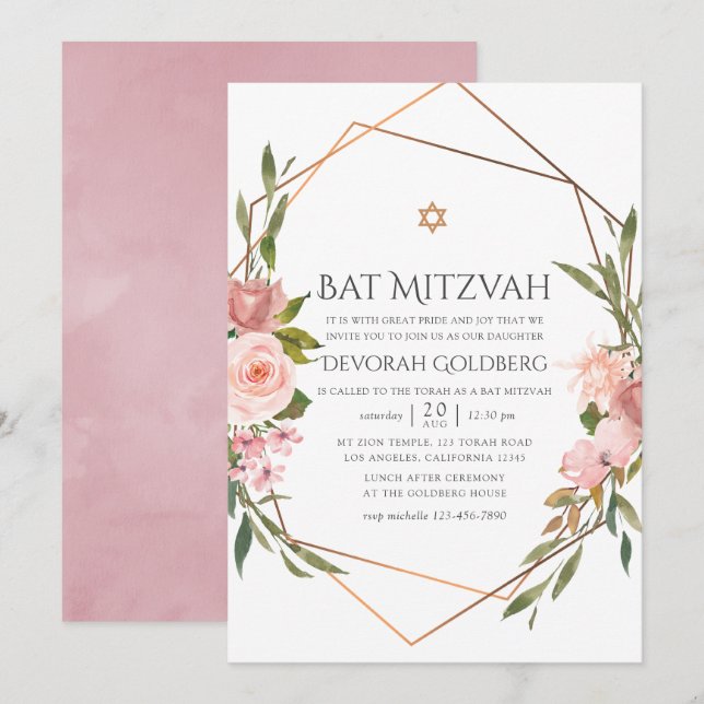 Convites Ouro Rosa e Flor de Bat Mitzvah Rosa Bege (Frente/Verso)