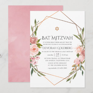 Convites Ouro Rosa e Flor de Bat Mitzvah Rosa Bege