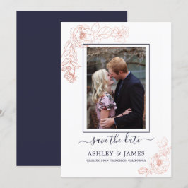 Convites Ouro Rosa Floral Azul Marinho Foto de Casamento Sa