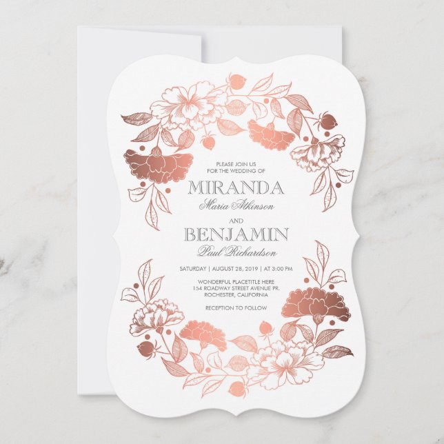 Convites Ouro Rosa | Floral Elegante e Casamento Simples (Frente)