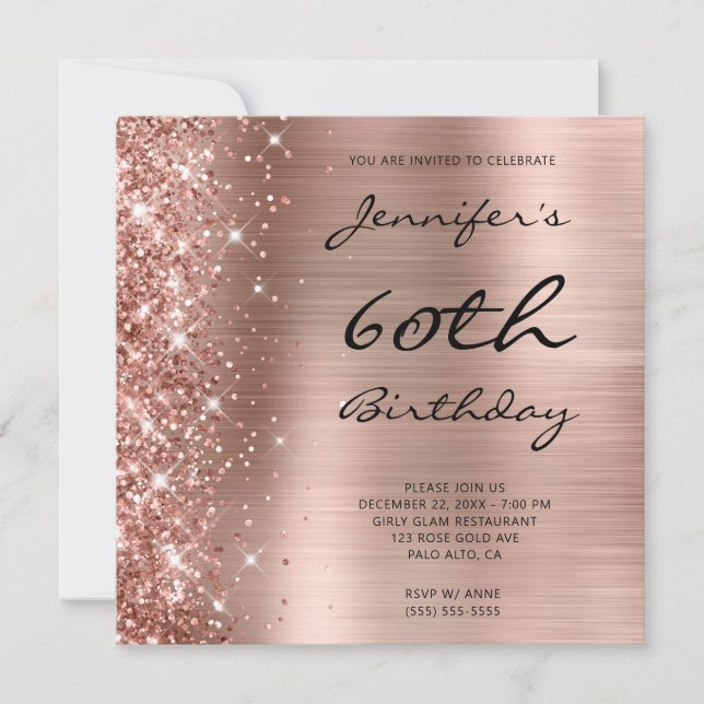 Convites Ouro Rosa Foil Ombre Esquerdo Brilho Aniversário d (Frente)