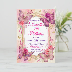 Convites Ouro rosa roxo elegante borboleta menina aniversár