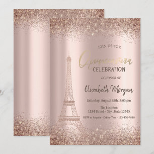 Convites Ouro Rosado Brilho Eiffel Confete Quinceañera