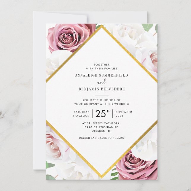 Convites Ouro Rosé e Branco Floral Geométrico Casamento (Frente)