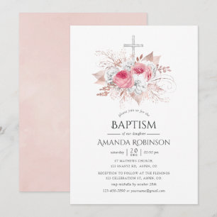 Convites Ouro Rosé e Floral Bege Batismo ou Batizado