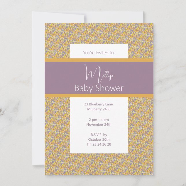 Convites ouro  Roxo Chá de fraldas Floral (Frente)
