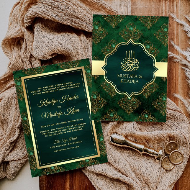 Convites Ouro Rústico Verde Esmeralda Damasco Casamento Muç (Criador carregado)